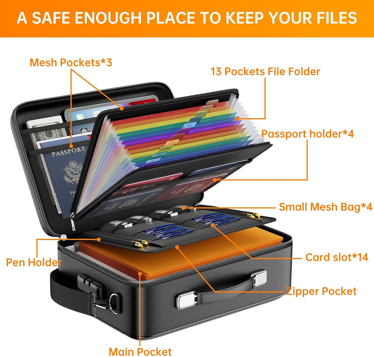 Fireproof File Organizer with Lock, Hard-Shell Case Fireproof Document Box with 13 Pocket Accordion File Folder, Portable Home Office Travel Safe Storage for Important Documents Laptop Black