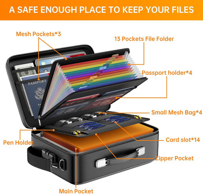 Fireproof File Organizer with Lock, Hard-Shell Case Fireproof Document Box with 13 Pocket Accordion File Folder, Portable Home Office Travel Safe Storage for Important Documents Laptop Black