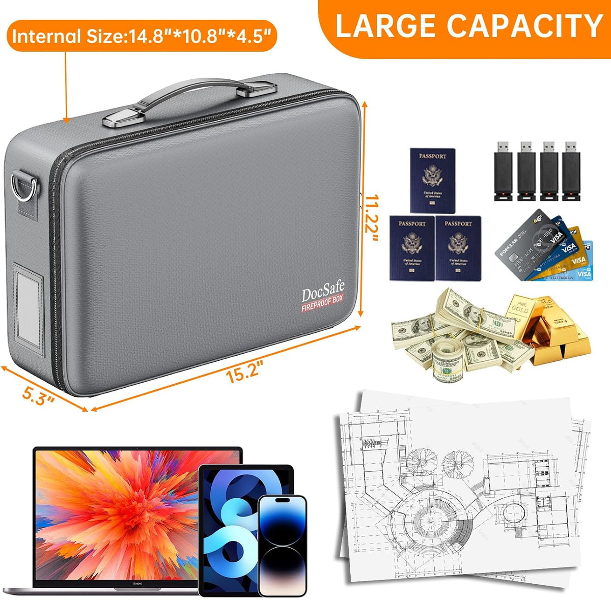Fireproof File Organizer with Lock, Hard-Shell Case Fireproof Document Box with 13 Pocket Accordion File Folder, Portable Home Office Travel Safe Storage for Important Documents Laptop Black