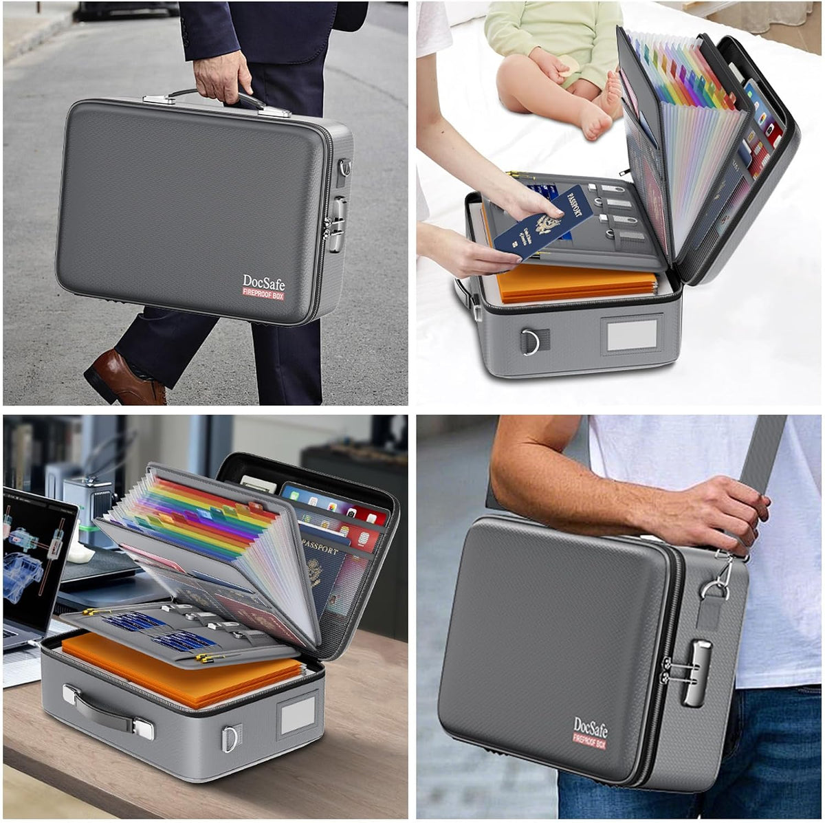 Fireproof File Organizer with Lock, Hard-Shell Case Fireproof Document Box with 13 Pocket Accordion File Folder, Portable Home Office Travel Safe Storage for Important Documents Laptop Black