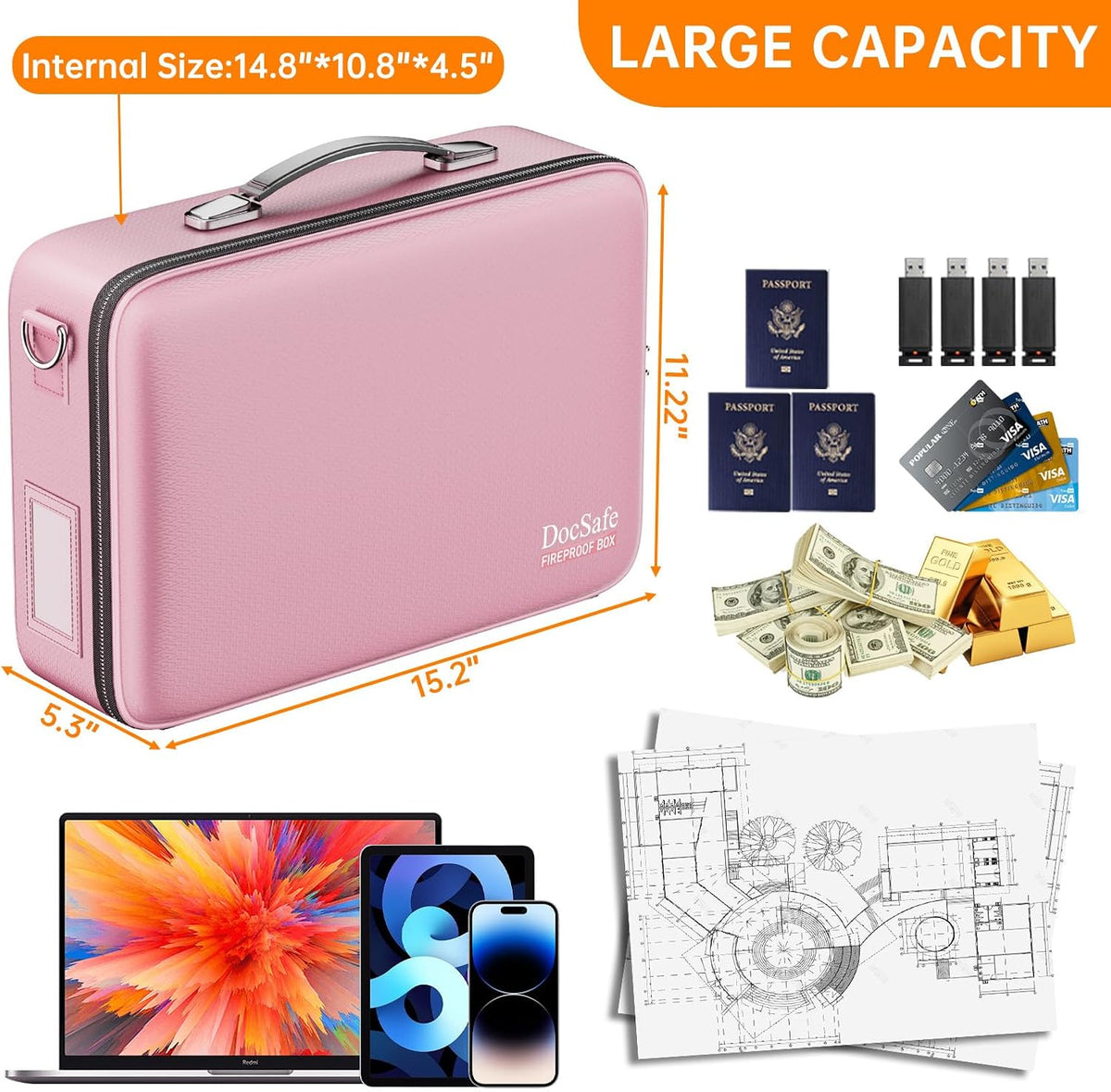 Fireproof File Organizer with Lock, Hard-Shell Case Fireproof Document Box with 13 Pocket Accordion File Folder, Portable Home Office Travel Safe Storage for Important Documents Laptop Black