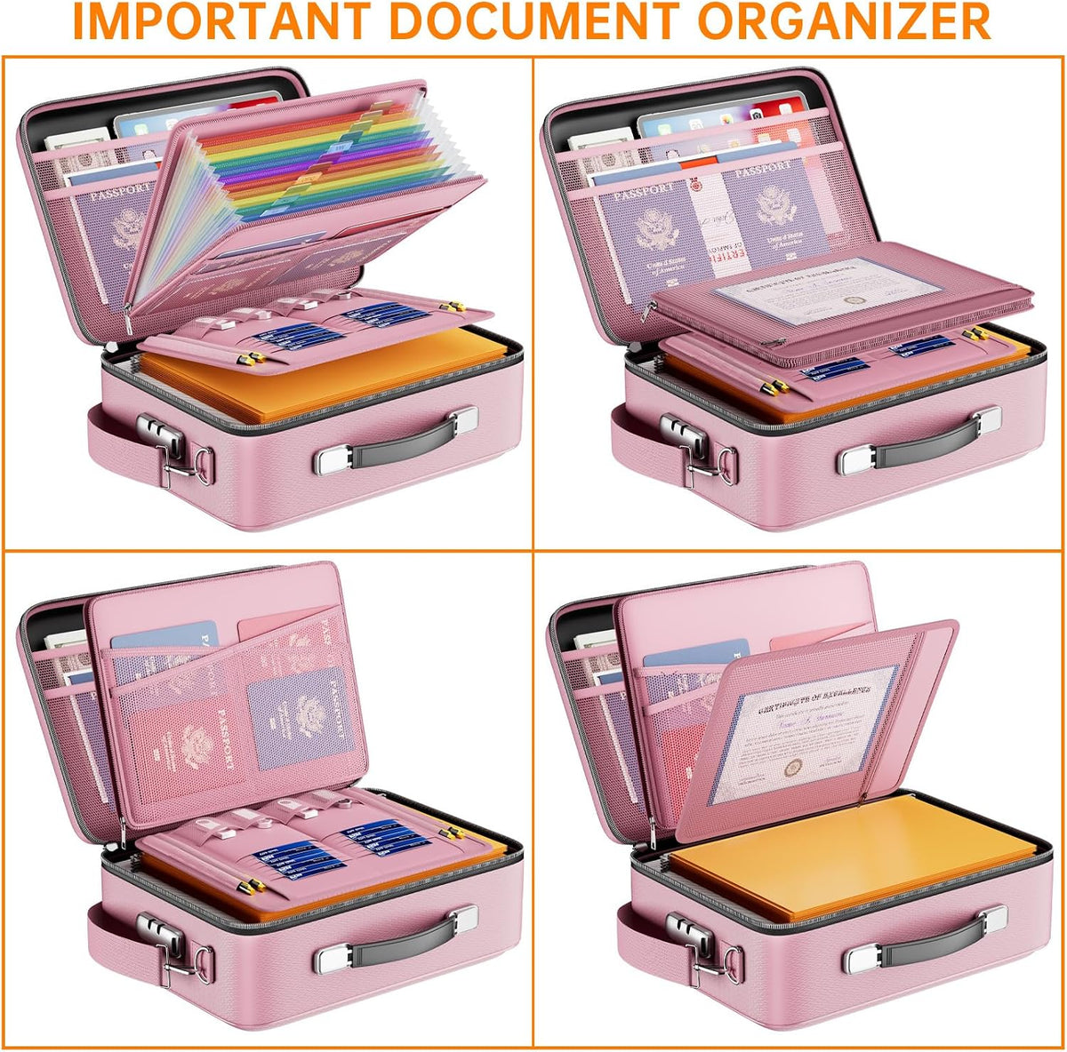 Fireproof File Organizer with Lock, Hard-Shell Case Fireproof Document Box with 13 Pocket Accordion File Folder, Portable Home Office Travel Safe Storage for Important Documents Laptop Black