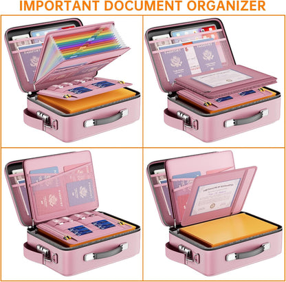Fireproof File Organizer with Lock, Hard-Shell Case Fireproof Document Box with 13 Pocket Accordion File Folder, Portable Home Office Travel Safe Storage for Important Documents Laptop Black