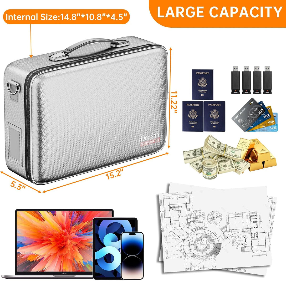 Fireproof File Organizer with Lock, Hard-Shell Case Fireproof Document Box with 13 Pocket Accordion File Folder, Portable Home Office Travel Safe Storage for Important Documents Laptop Black