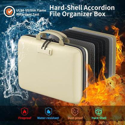 Fireproof File Organizer with Lock, Hard-Shell Case Fireproof Document Box with 13 Pocket Accordion File Folder, Portable Home Office Travel Safe Storage for Important Documents Laptop Black