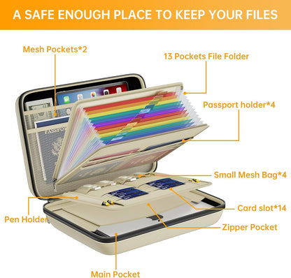 Fireproof File Organizer with Lock, Hard-Shell Case Fireproof Document Box with 13 Pocket Accordion File Folder, Portable Home Office Travel Safe Storage for Important Documents Laptop Black