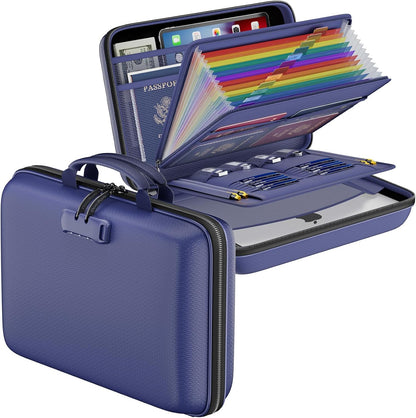 Fireproof File Organizer with Lock, Hard-Shell Case Fireproof Document Box with 13 Pocket Accordion File Folder, Portable Home Office Travel Safe Storage for Important Documents Laptop Black