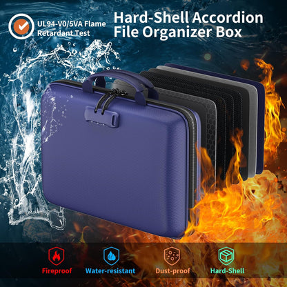 Fireproof File Organizer with Lock, Hard-Shell Case Fireproof Document Box with 13 Pocket Accordion File Folder, Portable Home Office Travel Safe Storage for Important Documents Laptop Black
