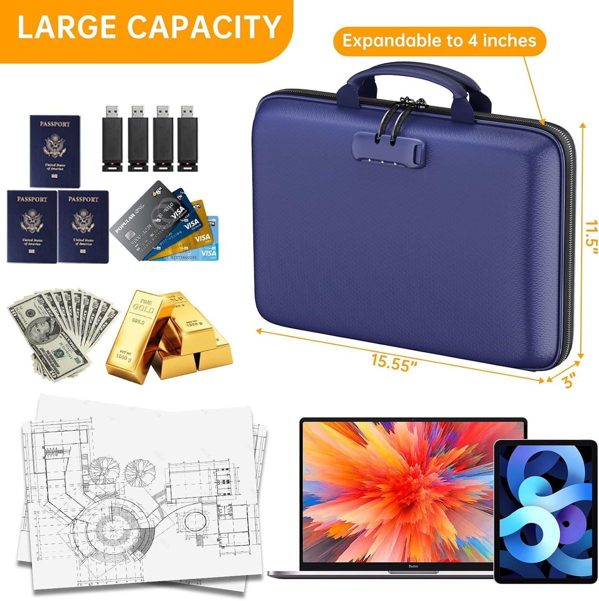 Fireproof File Organizer with Lock, Hard-Shell Case Fireproof Document Box with 13 Pocket Accordion File Folder, Portable Home Office Travel Safe Storage for Important Documents Laptop Black