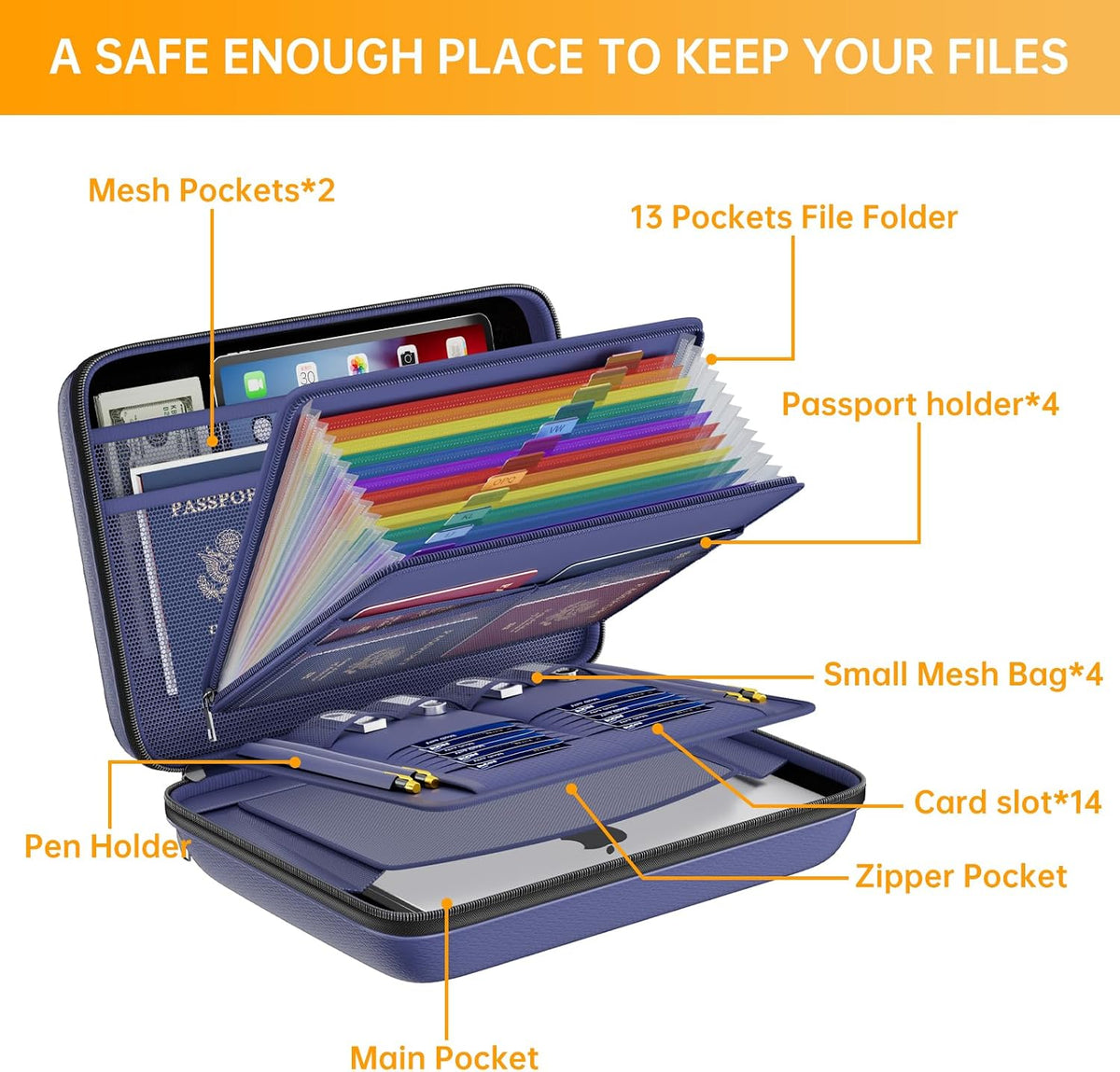 Fireproof File Organizer with Lock, Hard-Shell Case Fireproof Document Box with 13 Pocket Accordion File Folder, Portable Home Office Travel Safe Storage for Important Documents Laptop Black