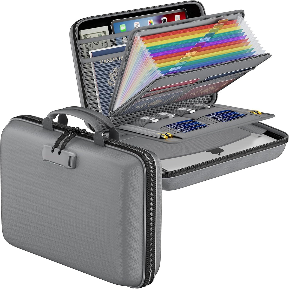 Fireproof File Organizer with Lock, Hard-Shell Case Fireproof Document Box with 13 Pocket Accordion File Folder, Portable Home Office Travel Safe Storage for Important Documents Laptop Black