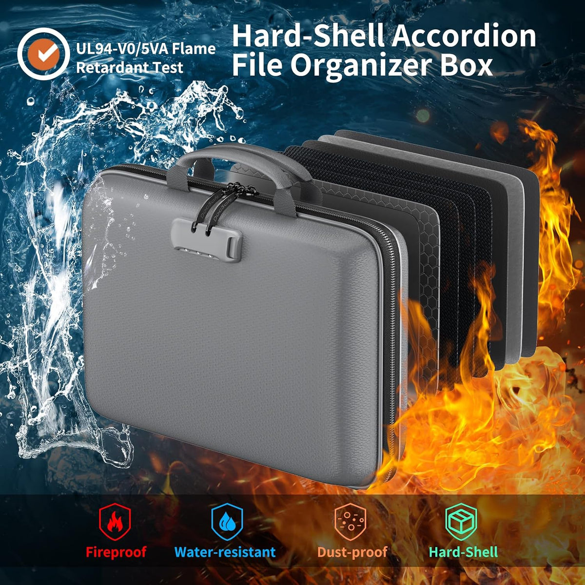 Fireproof File Organizer with Lock, Hard-Shell Case Fireproof Document Box with 13 Pocket Accordion File Folder, Portable Home Office Travel Safe Storage for Important Documents Laptop Black