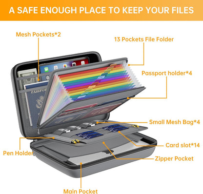 Fireproof File Organizer with Lock, Hard-Shell Case Fireproof Document Box with 13 Pocket Accordion File Folder, Portable Home Office Travel Safe Storage for Important Documents Laptop Black
