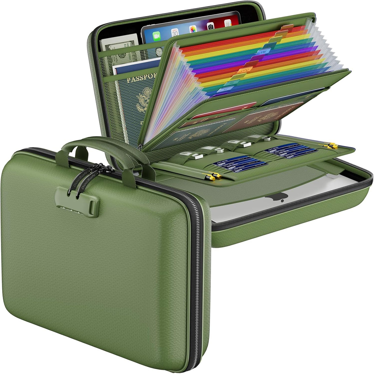 Fireproof File Organizer with Lock, Hard-Shell Case Fireproof Document Box with 13 Pocket Accordion File Folder, Portable Home Office Travel Safe Storage for Important Documents Laptop Black