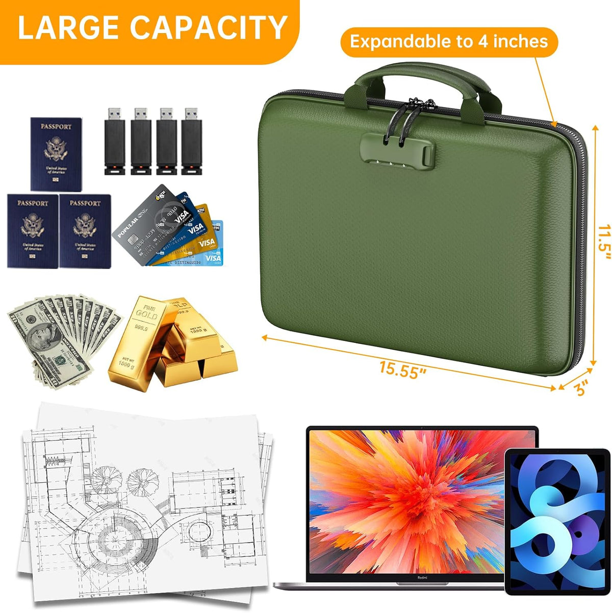 Fireproof File Organizer with Lock, Hard-Shell Case Fireproof Document Box with 13 Pocket Accordion File Folder, Portable Home Office Travel Safe Storage for Important Documents Laptop Black