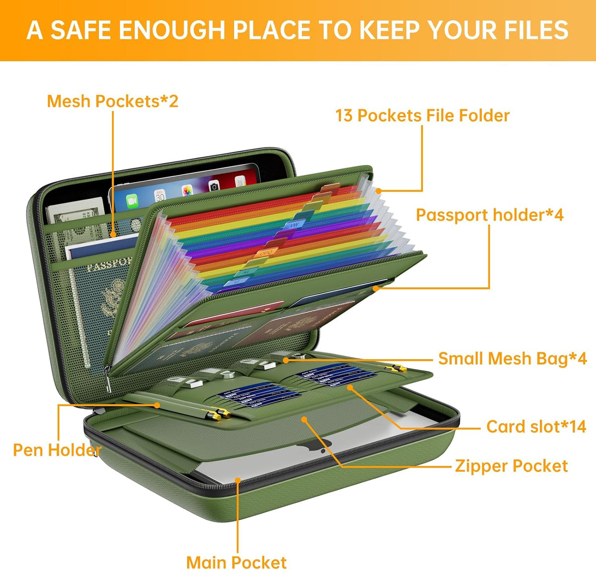 Fireproof File Organizer with Lock, Hard-Shell Case Fireproof Document Box with 13 Pocket Accordion File Folder, Portable Home Office Travel Safe Storage for Important Documents Laptop Black