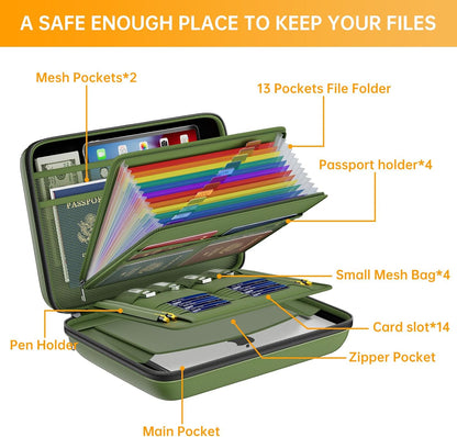 Fireproof File Organizer with Lock, Hard-Shell Case Fireproof Document Box with 13 Pocket Accordion File Folder, Portable Home Office Travel Safe Storage for Important Documents Laptop Black