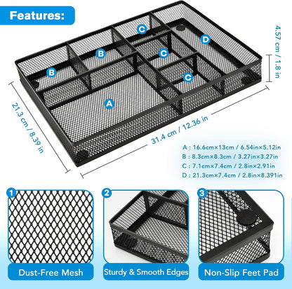 Desk Drawer Organizer Tray,Drawer Organizer for Office and Home,Desk Organizer with Drawers,4 Compartments,Non-Slip Desk Organizers and Accessories for Stationery Makeup School (Black)