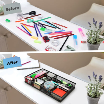 Desk Drawer Organizer Tray,Drawer Organizer for Office and Home,Desk Organizer with Drawers,4 Compartments,Non-Slip Desk Organizers and Accessories for Stationery Makeup School (Black)