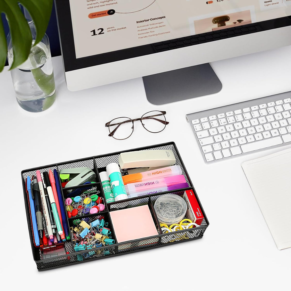 Desk Drawer Organizer Tray,Drawer Organizer for Office and Home,Desk Organizer with Drawers,4 Compartments,Non-Slip Desk Organizers and Accessories for Stationery Makeup School (Black)