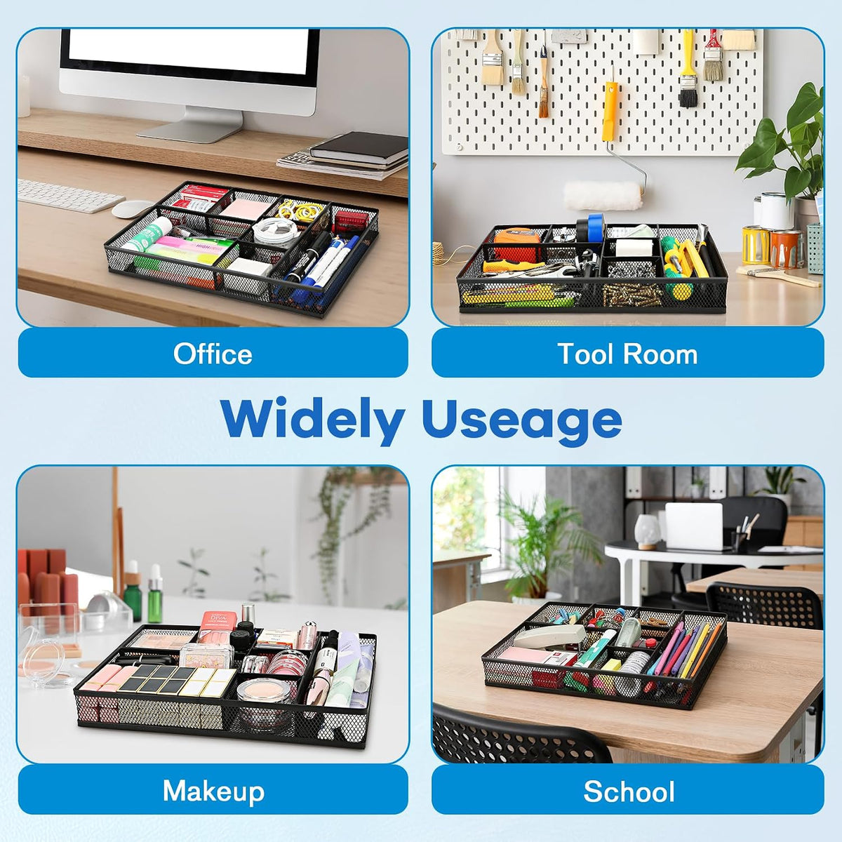 Desk Drawer Organizer Tray,Drawer Organizer for Office and Home,Desk Organizer with Drawers,4 Compartments,Non-Slip Desk Organizers and Accessories for Stationery Makeup School (Black)