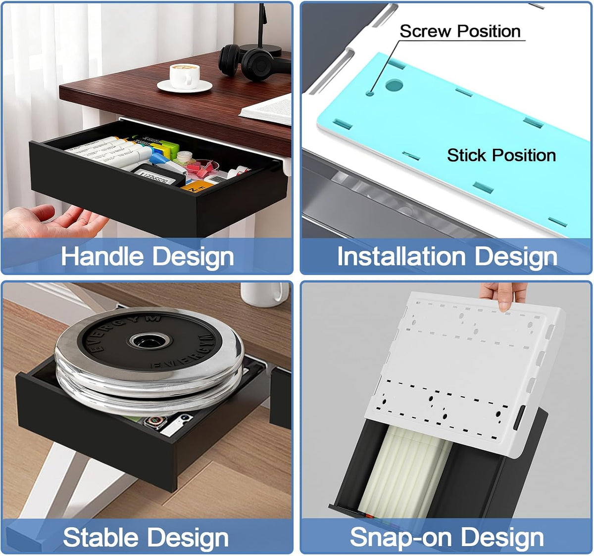 Under Desk Table Drawer Storage Organizer,3 Pack Large & Medium & Small Slide Out Desk Drawers - Hidden Desktop Organizer,Adhesive Storage Pencil Tray Under Table(BLACK/LMS)
