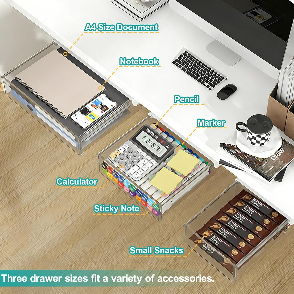Under Desk Table Drawer Storage Organizer,3 Pack Large & Medium & Small Slide Out Desk Drawers - Hidden Desktop Organizer,Adhesive Storage Pencil Tray Under Table(BLACK/LMS)
