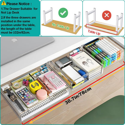 Under Desk Table Drawer Storage Organizer,3 Pack Large & Medium & Small Slide Out Desk Drawers - Hidden Desktop Organizer,Adhesive Storage Pencil Tray Under Table(BLACK/LMS)