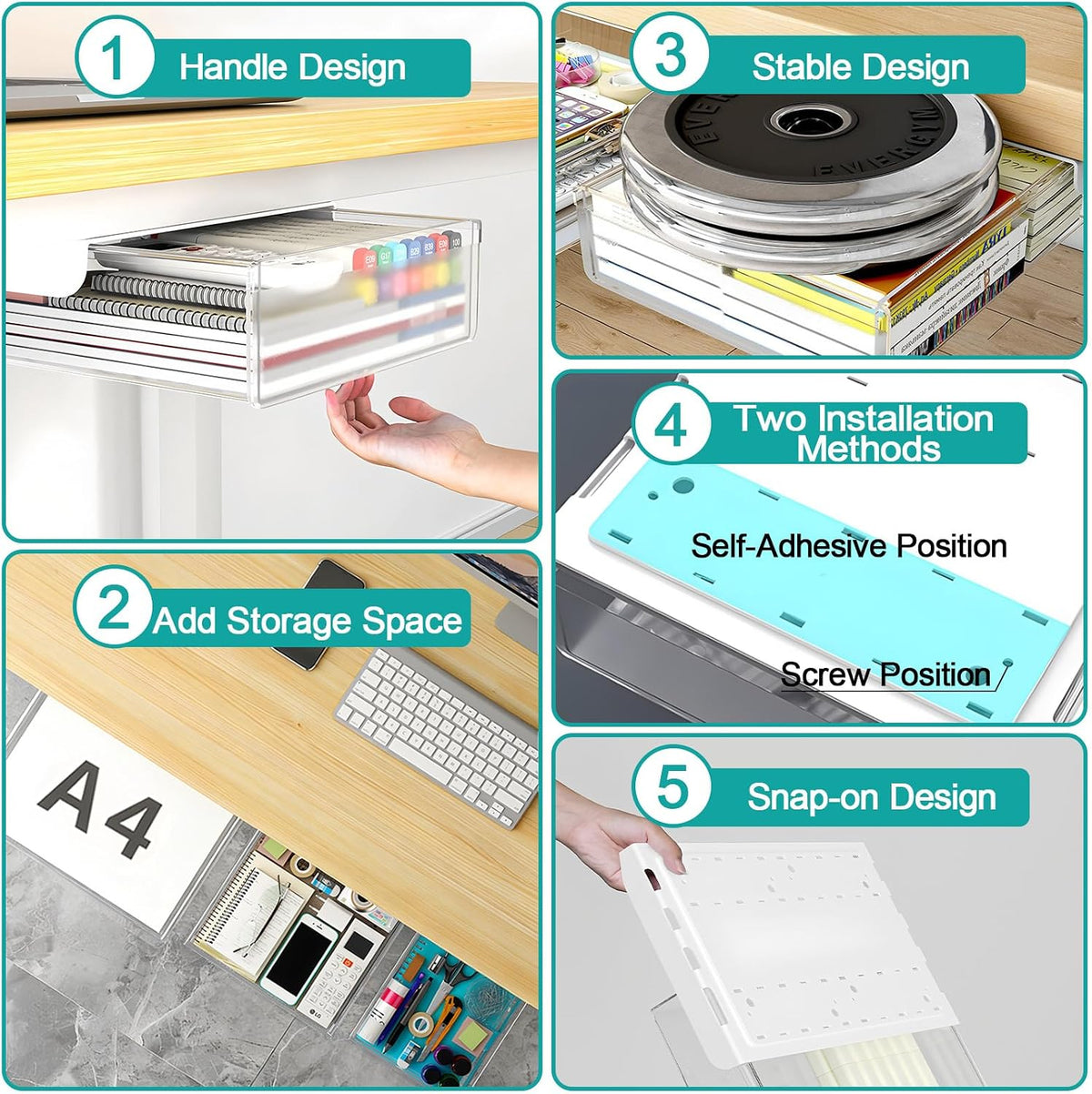 Under Desk Table Drawer Storage Organizer,3 Pack Large & Medium & Small Slide Out Desk Drawers - Hidden Desktop Organizer,Adhesive Storage Pencil Tray Under Table(BLACK/LMS)