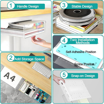 Under Desk Table Drawer Storage Organizer,3 Pack Large & Medium & Small Slide Out Desk Drawers - Hidden Desktop Organizer,Adhesive Storage Pencil Tray Under Table(BLACK/LMS)