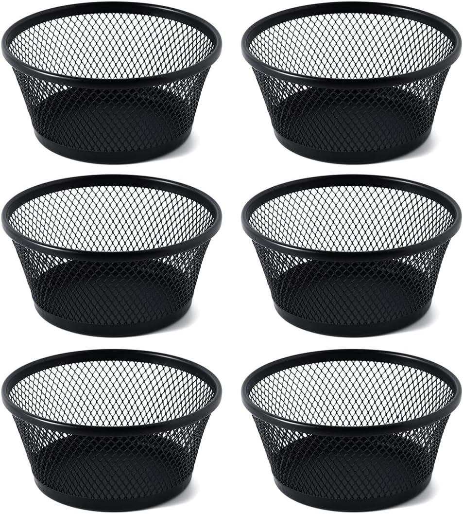 6Pack Paper Clip Holder Wire Mesh Paperclip Dish Holders Desktop Round Paper Clip Dispenser for Desk Office Organizer Accessories,Black
