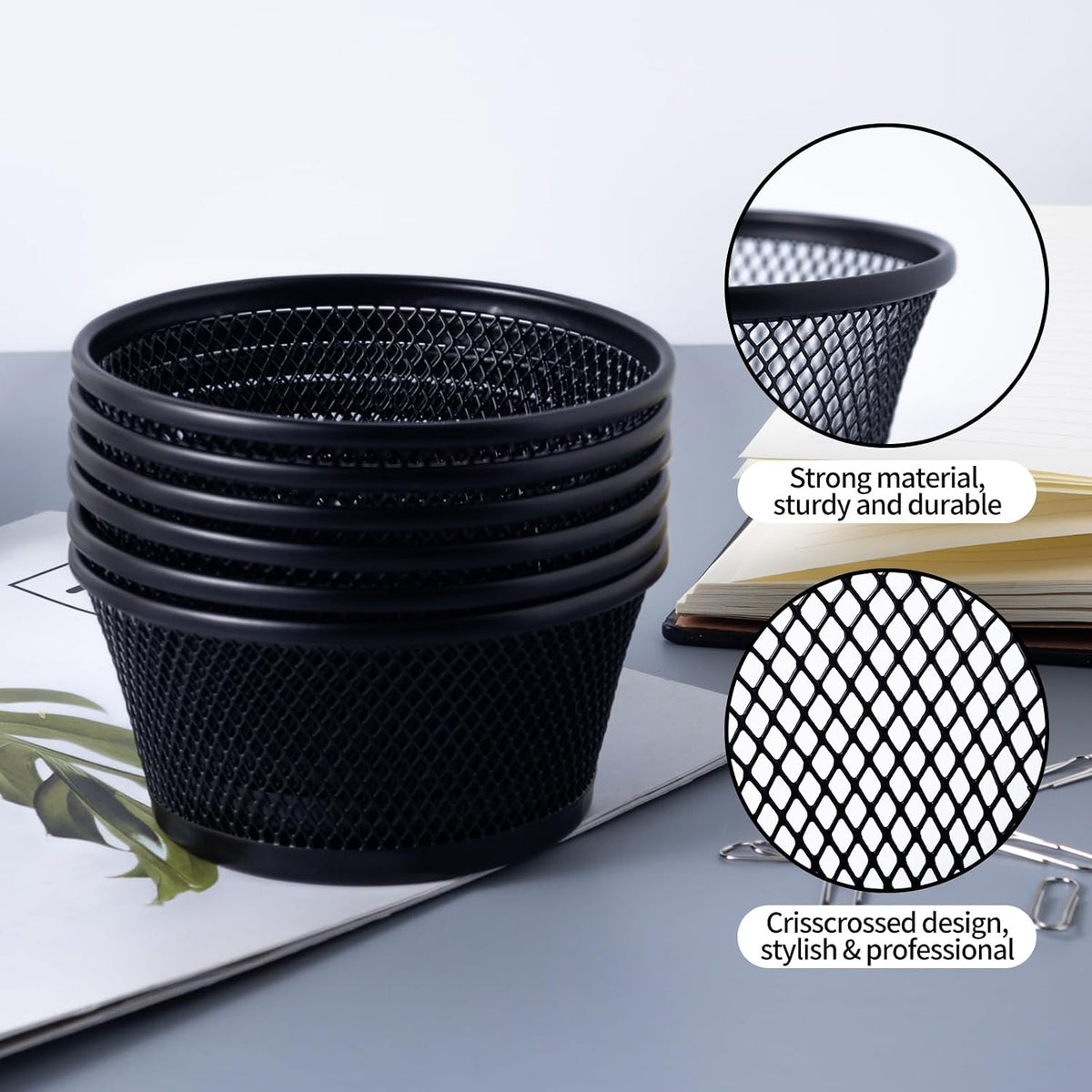 6Pack Paper Clip Holder Wire Mesh Paperclip Dish Holders Desktop Round Paper Clip Dispenser for Desk Office Organizer Accessories,Black