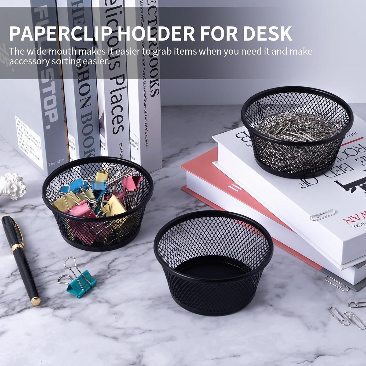6Pack Paper Clip Holder Wire Mesh Paperclip Dish Holders Desktop Round Paper Clip Dispenser for Desk Office Organizer Accessories,Black