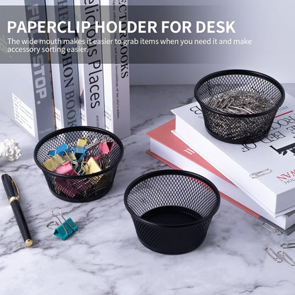 6Pack Paper Clip Holder Wire Mesh Paperclip Dish Holders Desktop Round Paper Clip Dispenser for Desk Office Organizer Accessories,Black