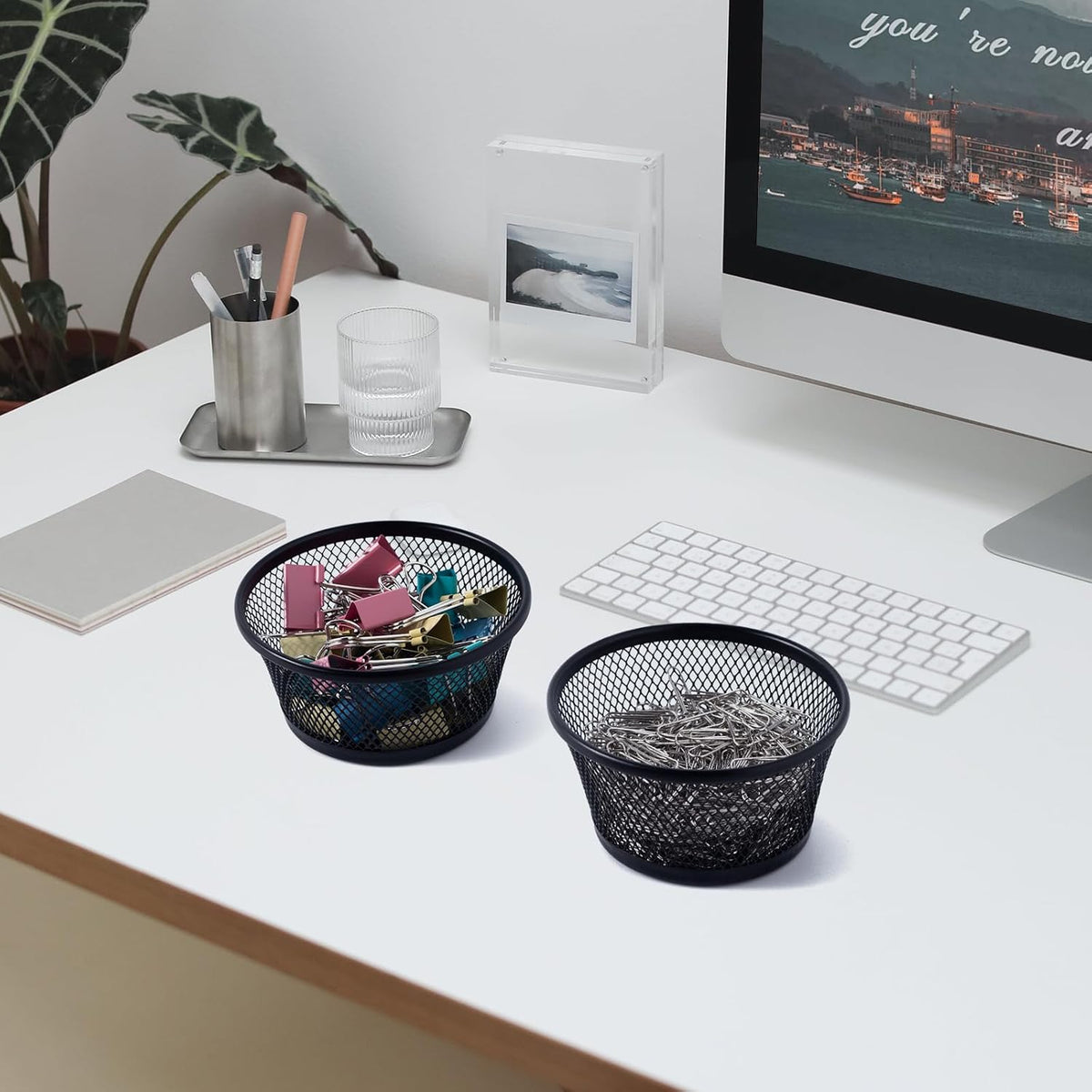 6Pack Paper Clip Holder Wire Mesh Paperclip Dish Holders Desktop Round Paper Clip Dispenser for Desk Office Organizer Accessories,Black