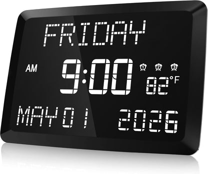 Digital Clock, 11.5" Large Display Calendar Clock with Day and Date, Indoor Temperature, Adjustable Brightness, Snooze,12/24H, DST for Home, Office, Elderly
