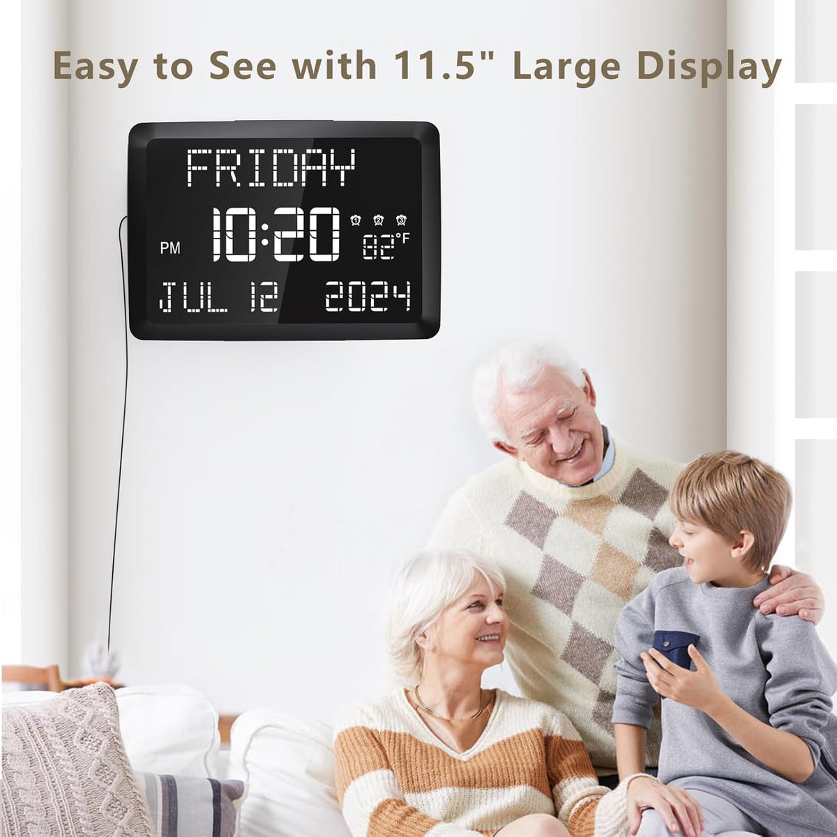 Digital Clock, 11.5" Large Display Calendar Clock with Day and Date, Indoor Temperature, Adjustable Brightness, Snooze,12/24H, DST for Home, Office, Elderly