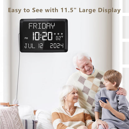Digital Clock, 11.5" Large Display Calendar Clock with Day and Date, Indoor Temperature, Adjustable Brightness, Snooze,12/24H, DST for Home, Office, Elderly