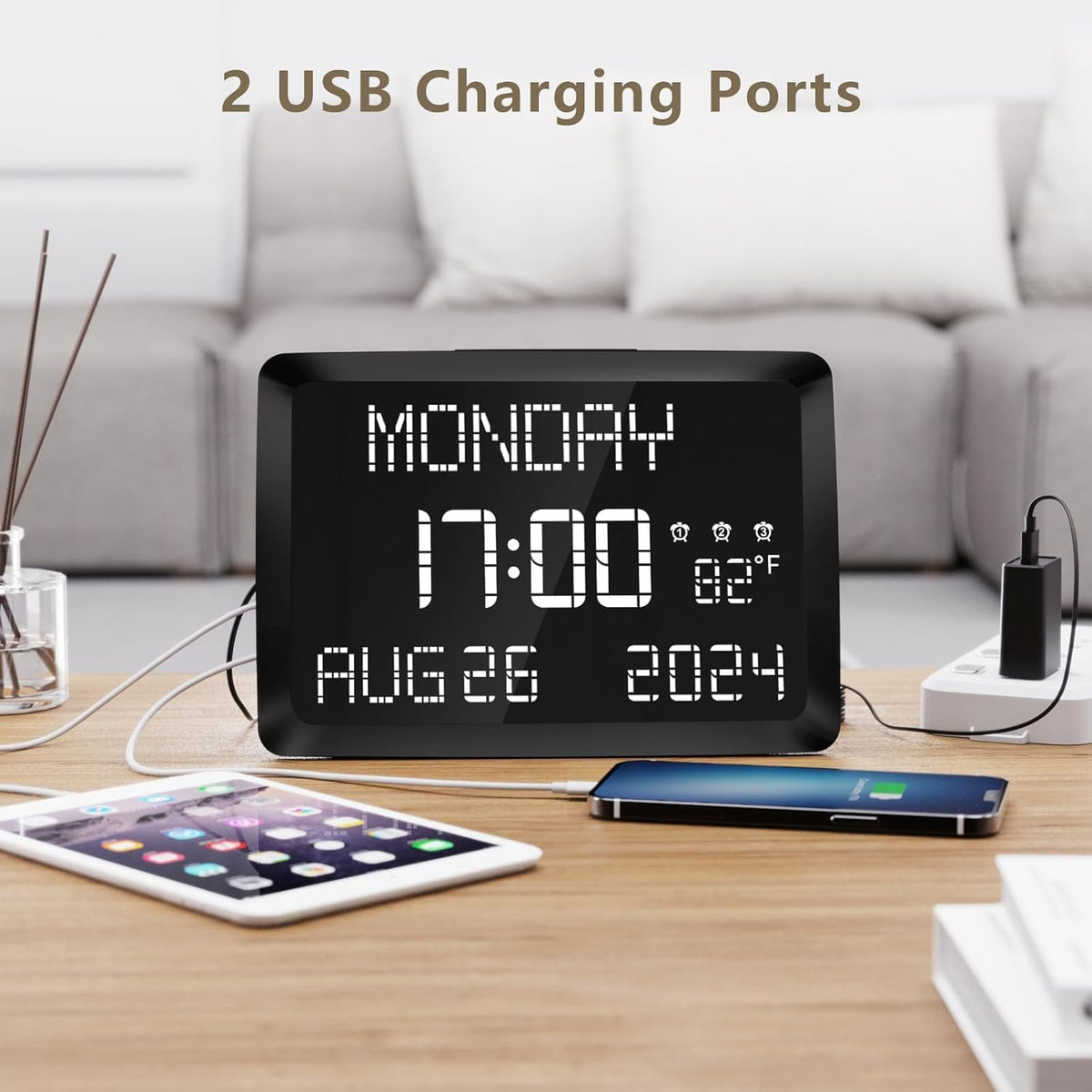 Digital Clock, 11.5" Large Display Calendar Clock with Day and Date, Indoor Temperature, Adjustable Brightness, Snooze,12/24H, DST for Home, Office, Elderly