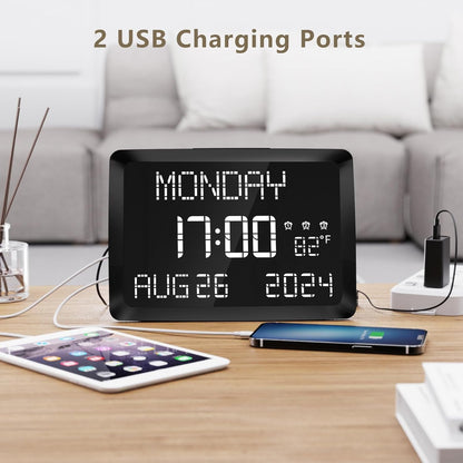 Digital Clock, 11.5" Large Display Calendar Clock with Day and Date, Indoor Temperature, Adjustable Brightness, Snooze,12/24H, DST for Home, Office, Elderly