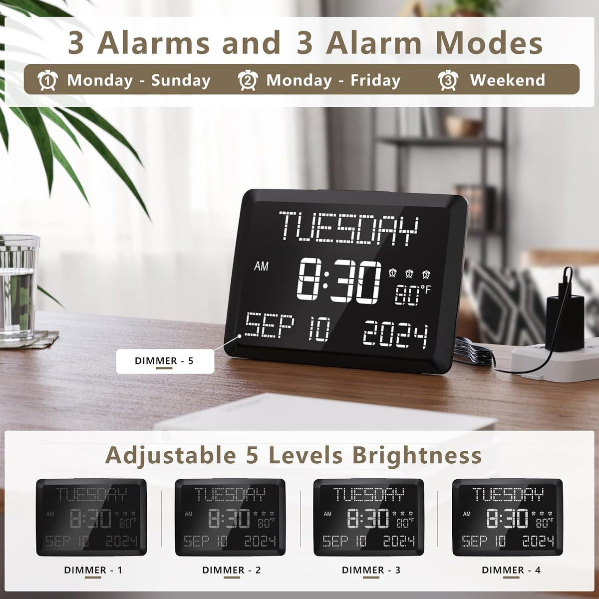 Digital Clock, 11.5" Large Display Calendar Clock with Day and Date, Indoor Temperature, Adjustable Brightness, Snooze,12/24H, DST for Home, Office, Elderly