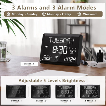 Digital Clock, 11.5" Large Display Calendar Clock with Day and Date, Indoor Temperature, Adjustable Brightness, Snooze,12/24H, DST for Home, Office, Elderly