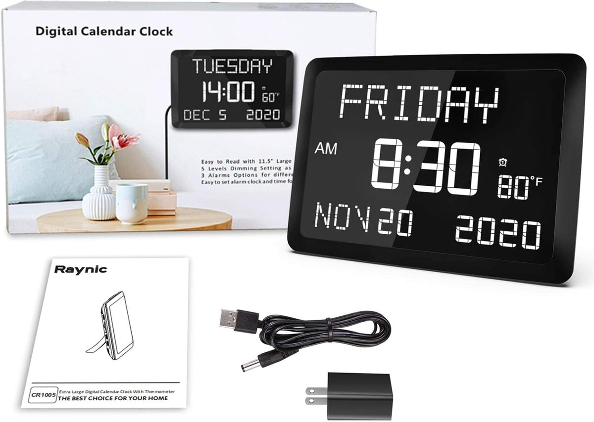Digital Clock, 11.5" Large Display Calendar Clock with Day and Date, Indoor Temperature, Adjustable Brightness, Snooze,12/24H, DST for Home, Office, Elderly