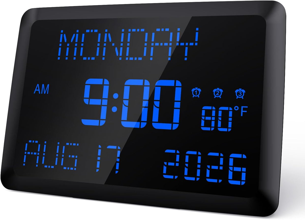 Digital Clock, 11.5" Large Display Calendar Clock with Day and Date, Indoor Temperature, Adjustable Brightness, Snooze,12/24H, DST for Home, Office, Elderly