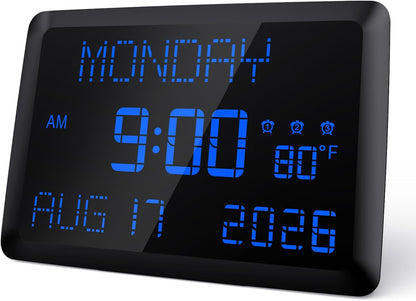 Digital Clock, 11.5" Large Display Calendar Clock with Day and Date, Indoor Temperature, Adjustable Brightness, Snooze,12/24H, DST for Home, Office, Elderly