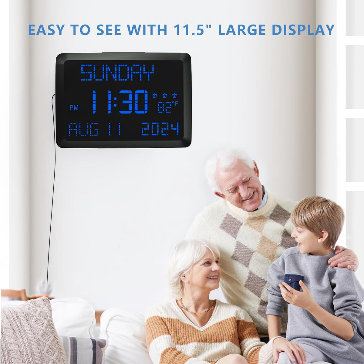 Digital Clock, 11.5" Large Display Calendar Clock with Day and Date, Indoor Temperature, Adjustable Brightness, Snooze,12/24H, DST for Home, Office, Elderly