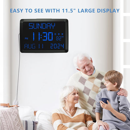 Digital Clock, 11.5" Large Display Calendar Clock with Day and Date, Indoor Temperature, Adjustable Brightness, Snooze,12/24H, DST for Home, Office, Elderly