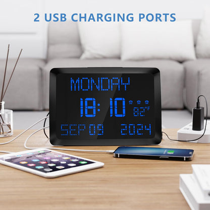 Digital Clock, 11.5" Large Display Calendar Clock with Day and Date, Indoor Temperature, Adjustable Brightness, Snooze,12/24H, DST for Home, Office, Elderly
