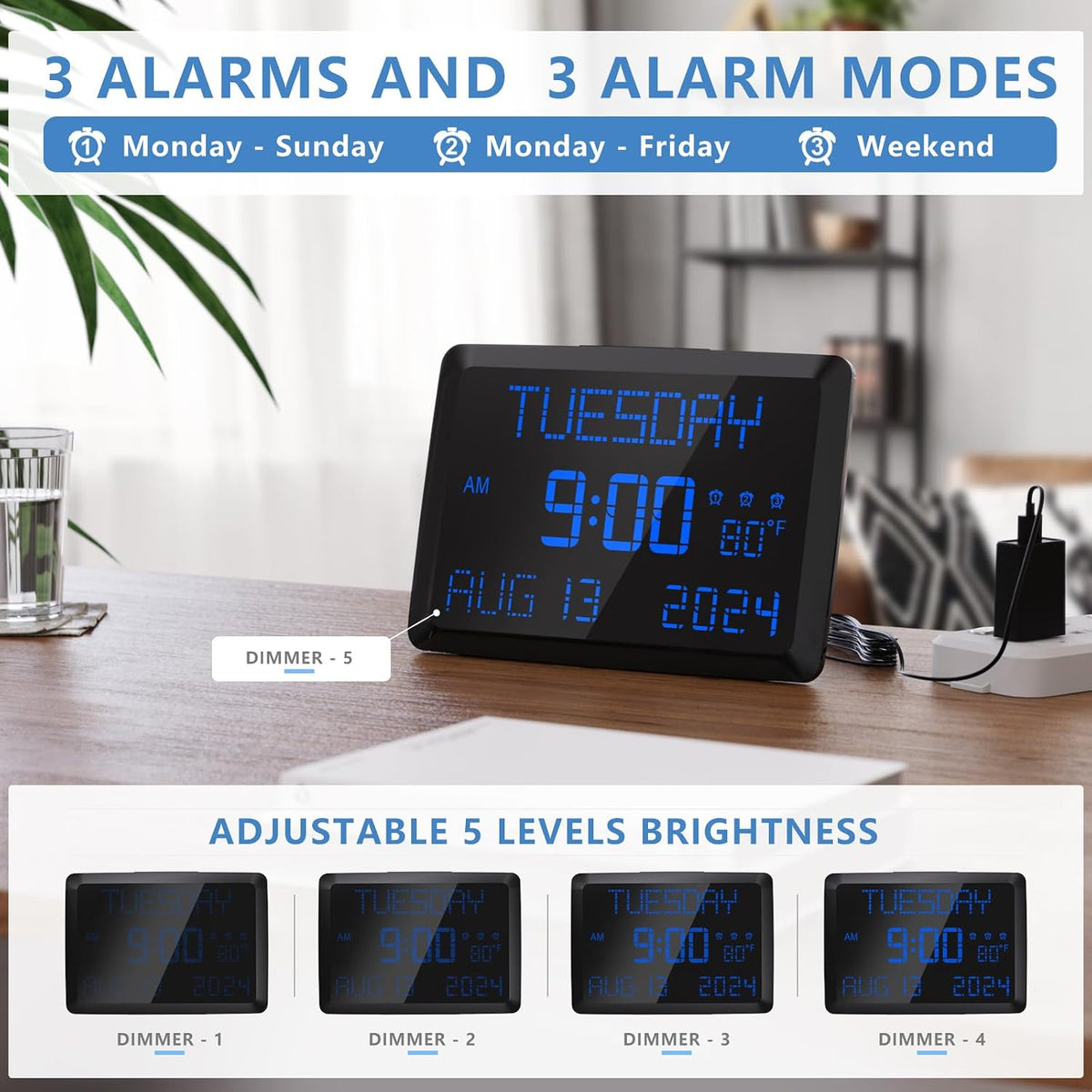 Digital Clock, 11.5" Large Display Calendar Clock with Day and Date, Indoor Temperature, Adjustable Brightness, Snooze,12/24H, DST for Home, Office, Elderly