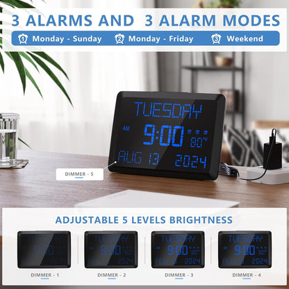 Digital Clock, 11.5" Large Display Calendar Clock with Day and Date, Indoor Temperature, Adjustable Brightness, Snooze,12/24H, DST for Home, Office, Elderly